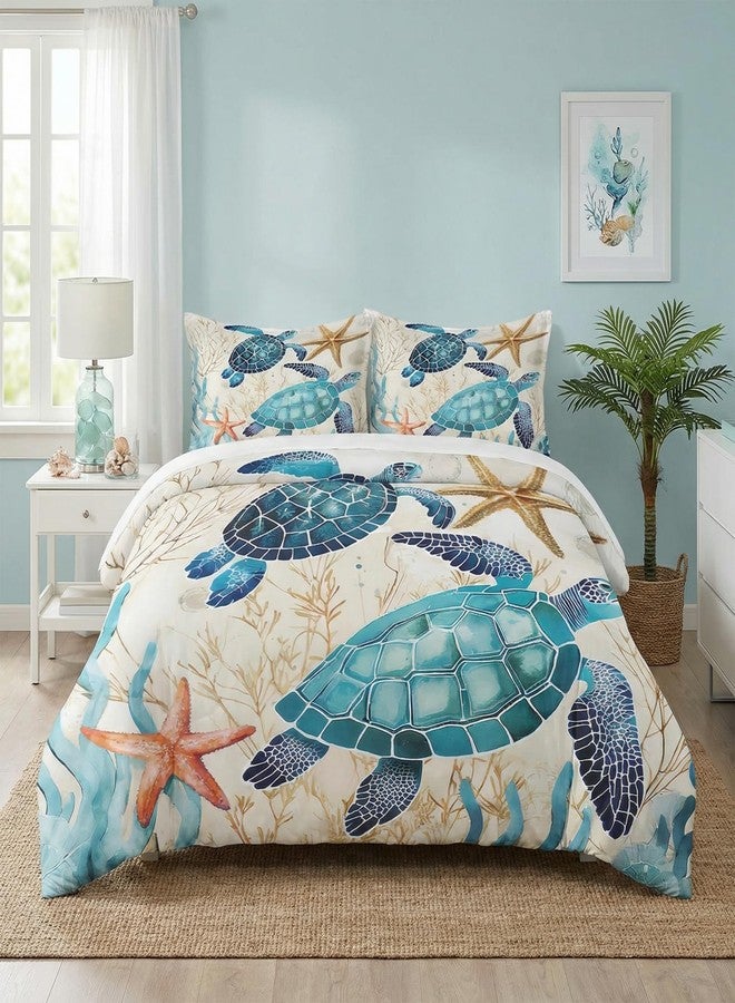 WeCozy Queen Size Comforter Set with 2 Pillowcases, Ocean Coral Sea Turtle 3 Pcs Bedding for Kids and Adults, Blue Shell Animal Soft Comforter Set for Bedroom Bed Decor - Image 1