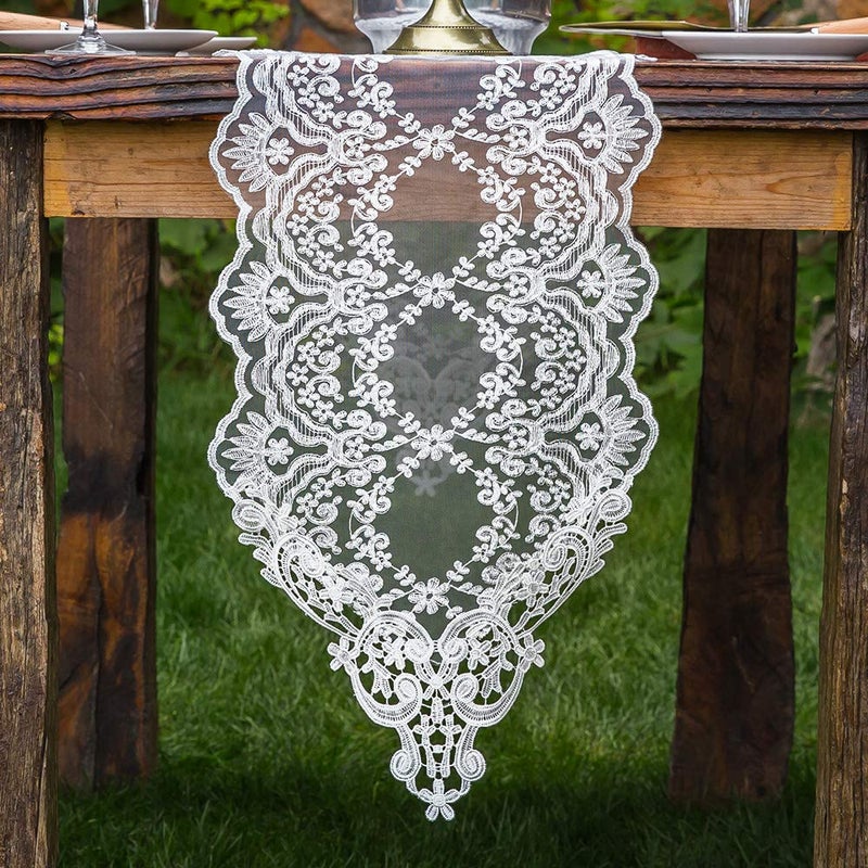ARTABLE Rectangle Table Runner Lace Macrame Embroidered Table Runners with Exquisite Vintage Shabby Chic for Holiday Wedding Long Dinner Tables (White, 12 x 48 Inch) - Image 1