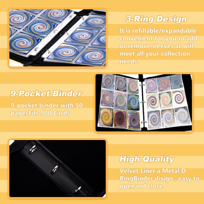 Jravkfi Card Binder 9 جيوب حامل بطاقات التداول المتميز 900 جيب 50 صفحة مجموعة تخزين مزدوجة الجوانب كتاب رياضي بسحاب 3 حلقات هو هدية ألعاب للفتيات والفتيان (أسود) - Image 5