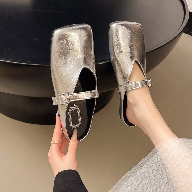 Flat Mary Jane Closed-Toe Mules For Women, Korean Version, Large Size, Soft Sole, Square Toe, Slip-On Sandals - Image 1