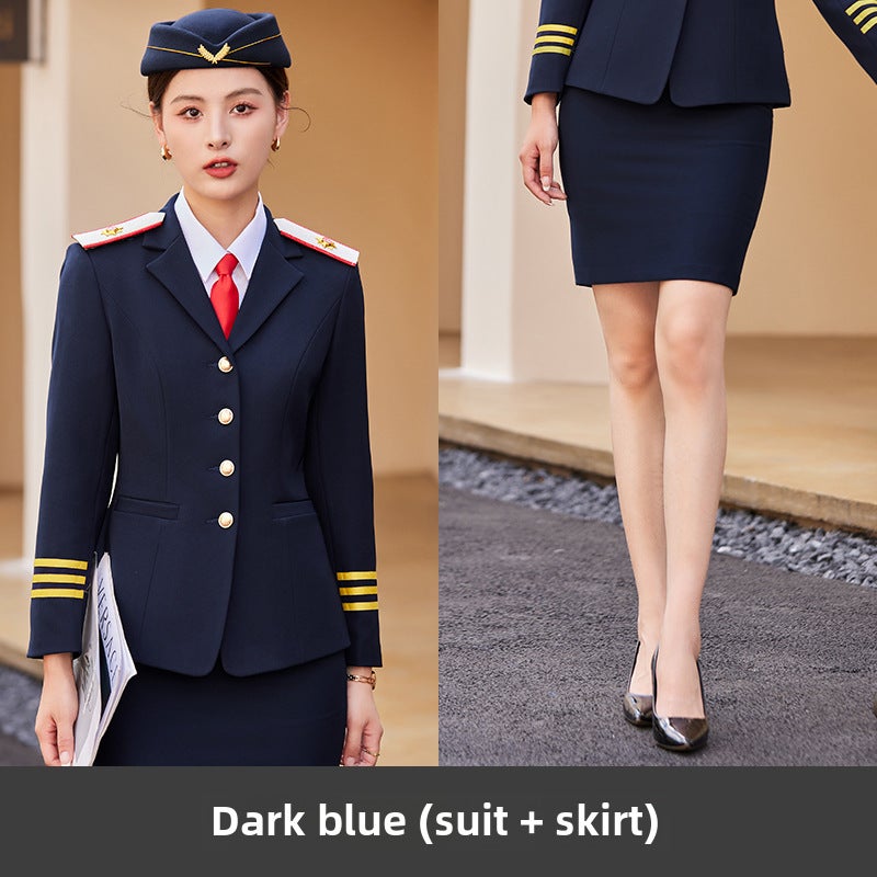 Stylish Air Hostess Uniform Womens Autumn SuitDark Blue (suit + skirt) Dark Blue (suit + skirt)
