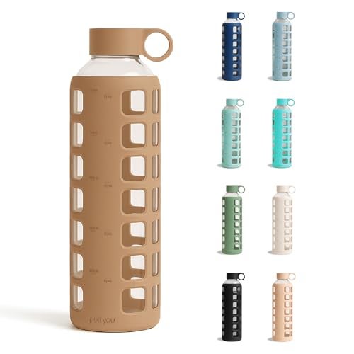 purifyou 40oz / 32oz / 22oz / 12oz Borosilicate Glass Water Bottle with Time & Volume Markers, Silicone Sleeve, Stainless Steel Lid | Reusable Glass Bottle for Water & Juice (32oz Iced Coffee) - Image 1