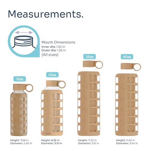 purifyou 40oz / 32oz / 22oz / 12oz Borosilicate Glass Water Bottle with Time & Volume Markers, Silicone Sleeve, Stainless Steel Lid | Reusable Glass Bottle for Water & Juice (32oz Iced Coffee) - Image 2