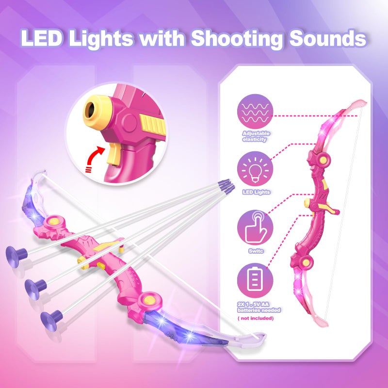 spring flower Bow and Arrow Toys for 5 6 7 8 9 10 Years Olds Girls, Archery Set Includes 2 Super Bow with LED Lights, 20 Suction Cups Arrows,Archery Set with Standing Target,3 Target Cans,Gift for Kids - Image 3