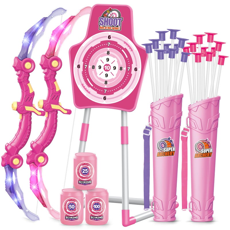 spring flower Bow and Arrow Toys for 5 6 7 8 9 10 Years Olds Girls, Archery Set Includes 2 Super Bow with LED Lights, 20 Suction Cups Arrows,Archery Set with Standing Target,3 Target Cans,Gift for Kids - Image 1