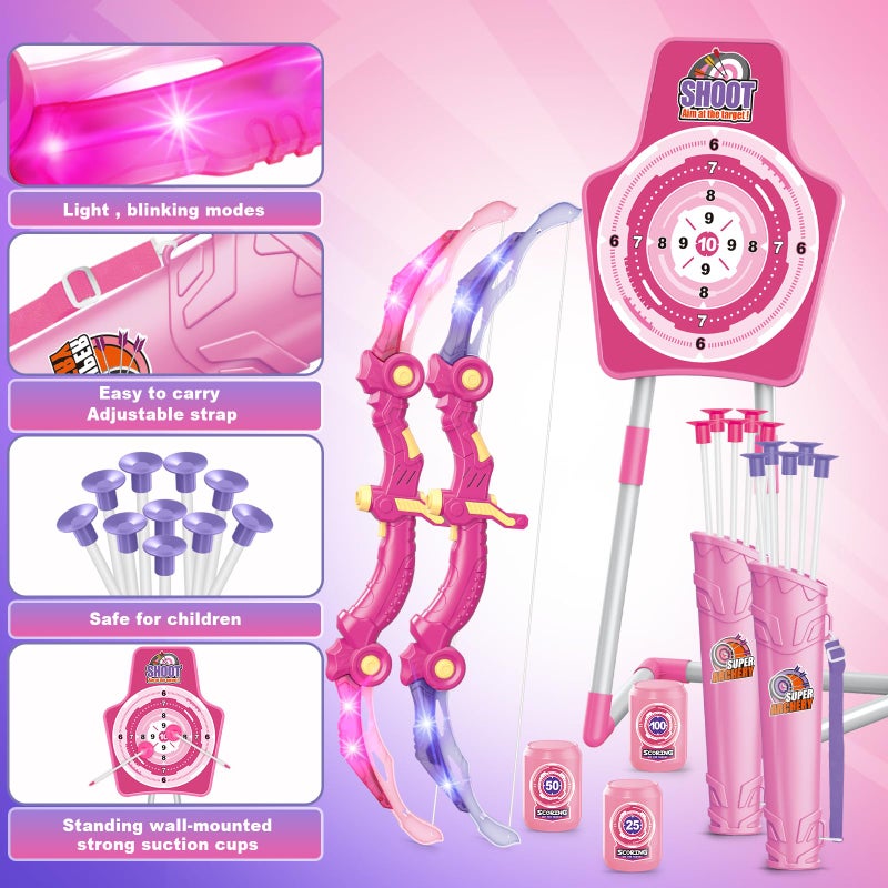 spring flower Bow and Arrow Toys for 5 6 7 8 9 10 Years Olds Girls, Archery Set Includes 2 Super Bow with LED Lights, 20 Suction Cups Arrows,Archery Set with Standing Target,3 Target Cans,Gift for Kids - Image 5