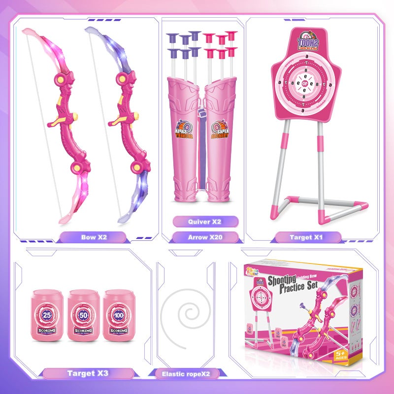 spring flower Bow and Arrow Toys for 5 6 7 8 9 10 Years Olds Girls, Archery Set Includes 2 Super Bow with LED Lights, 20 Suction Cups Arrows,Archery Set with Standing Target,3 Target Cans,Gift for Kids - Image 2