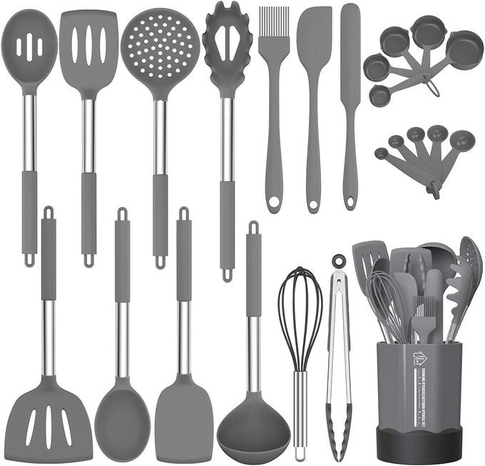 SILICONE COOKING UTENSIL SET NONSTICK KITCHEN UTENSIL 24 PCS COOKING UTENSILS SET HEAT RESISTANT COOKWARE SILICONE KITCHEN TOOLS GIFT WITH STAINLESS STEEL HANDLE GRAY24PCS