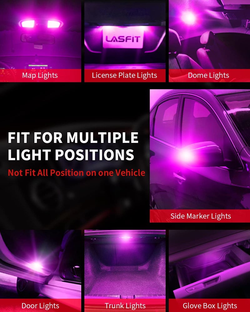 LASFIT 194 168 T10 192 2825 W5W لمبة LED Canbus خالية من الأخطاء، غير قطبية 400LM ساطع للغاية لخريطة القبة بفضل باب صندوق السيارة أضواء شحن، 12-24 فولت، وردي بنفسجي (حزمة من 2) - Image 2