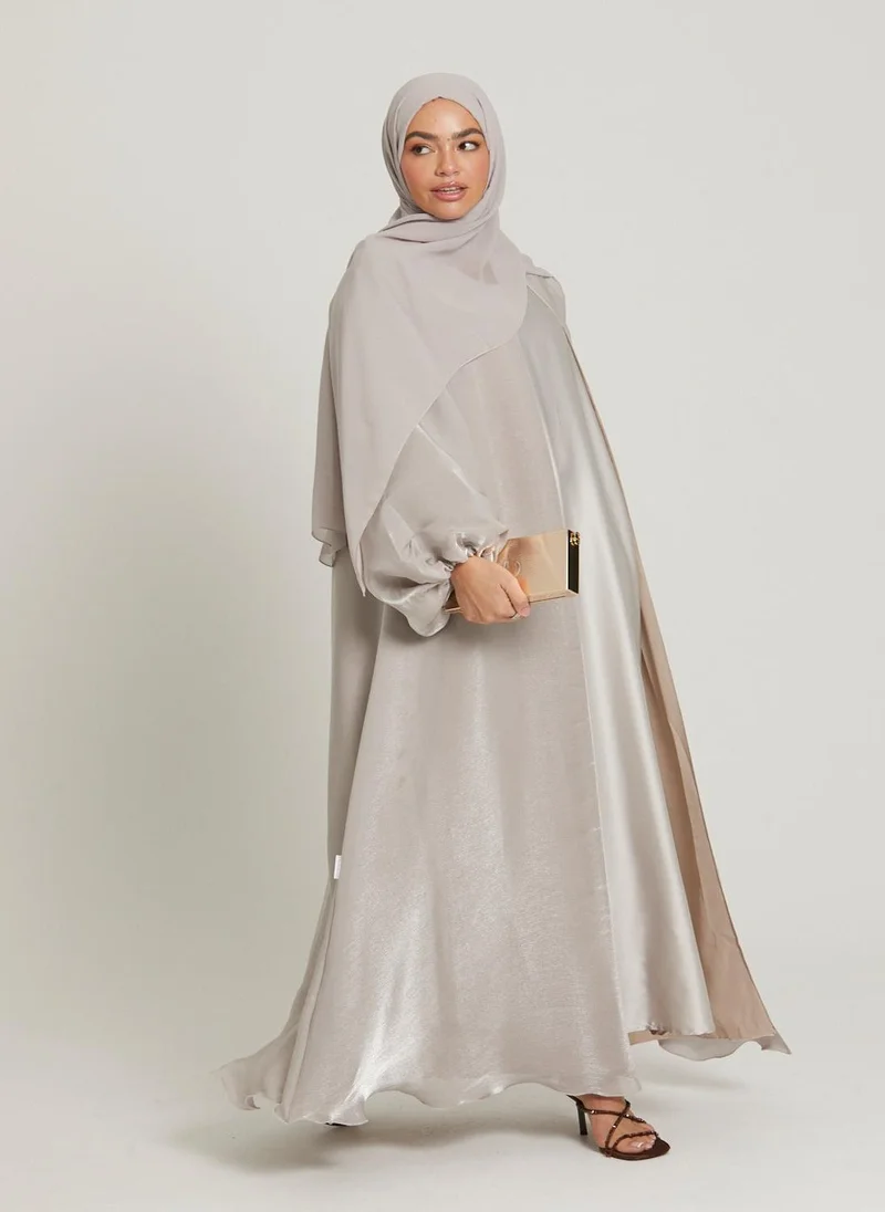 النخبة Grey Balloon Sleeves Satin Women's Abaya with Hijab