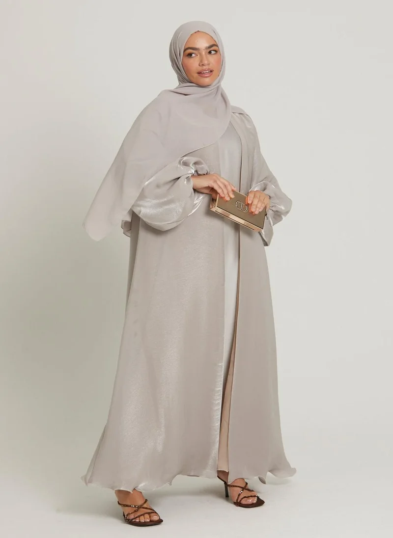 النخبة Grey Balloon Sleeves Satin Women's Abaya with Hijab