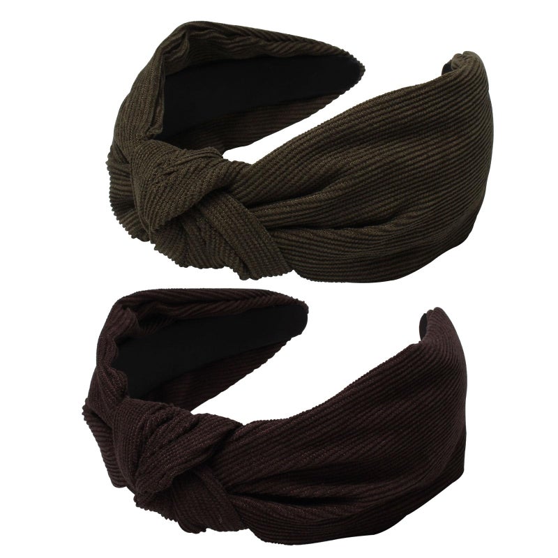 Cuizhiyu 2PK Corduroy Knotted Headbands for Women Cute Olive Wide Top Knot Headband Fashion Brown Headband Hairhoop Hair Accessories (Color B) - Image 1