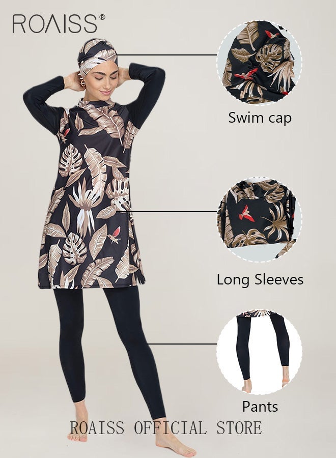 رويس مجموعة مكونة من ثلاث قطع لمايوه نسائي بتصميم مشقوق مصممة لحماية الجلد من أشعة الشمس ملابس شاطئية ورياضية بأكمام طويلة - Image 2