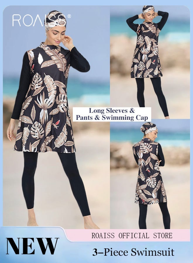 رويس مجموعة مكونة من ثلاث قطع لمايوه نسائي بتصميم مشقوق مصممة لحماية الجلد من أشعة الشمس ملابس شاطئية ورياضية بأكمام طويلة - Image 3