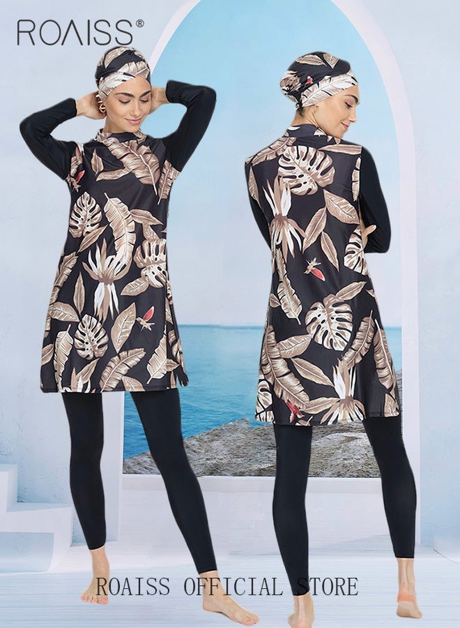 رويس مجموعة مكونة من ثلاث قطع لمايوه نسائي بتصميم مشقوق مصممة لحماية الجلد من أشعة الشمس ملابس شاطئية ورياضية بأكمام طويلة - Image 4