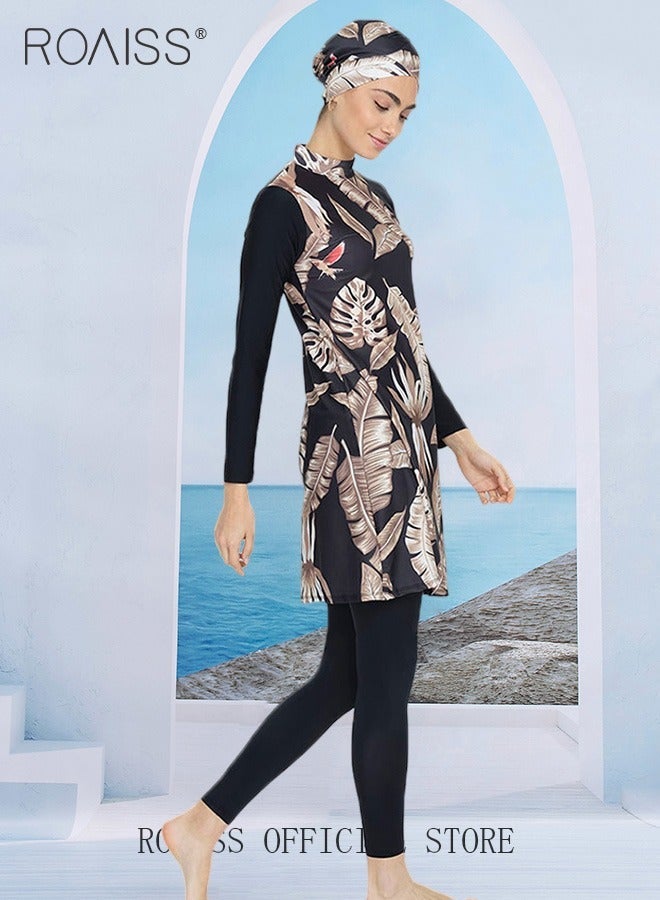 رويس مجموعة مكونة من ثلاث قطع لمايوه نسائي بتصميم مشقوق مصممة لحماية الجلد من أشعة الشمس ملابس شاطئية ورياضية بأكمام طويلة - Image 1