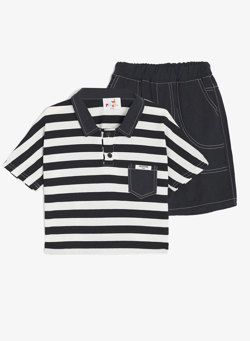 Pinata Cotton Stripe Denim Pocket Detail Polo Tshirt and Denim Shorts Set - Image 2