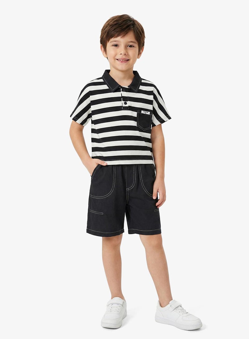 Pinata Cotton Stripe Denim Pocket Detail Polo Tshirt and Denim Shorts Set - Image 1