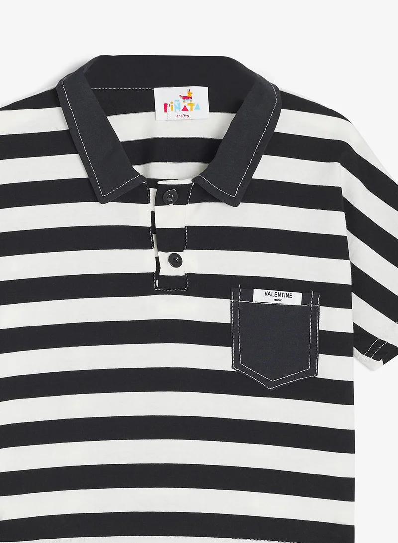 Pinata  Cotton Stripe Denim Pocket Detail Polo Tshirt and Denim Shorts Set for Men | Best Price UAE