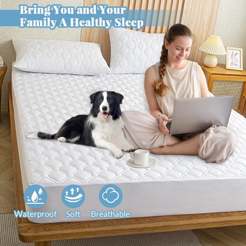 Highdi Mattress Protector Waterproof 150 x 200 cm, White Quilted Topper Mattress Topper, Washable, Breathable Mattress Cover (Stretchable to 27 cm) - Image 2