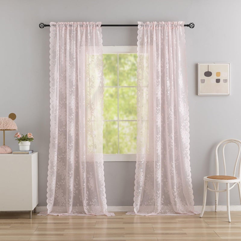 YJ YANJUN Pink Lace Curtains 84 inches Long 2 Panels Shabby Chic Peony Floral Voile Sheer Panels with Scalloped Edges for Girl Bedroom Cute Pricess Room Decor 52" W x 84" L Light Pink - Image 2