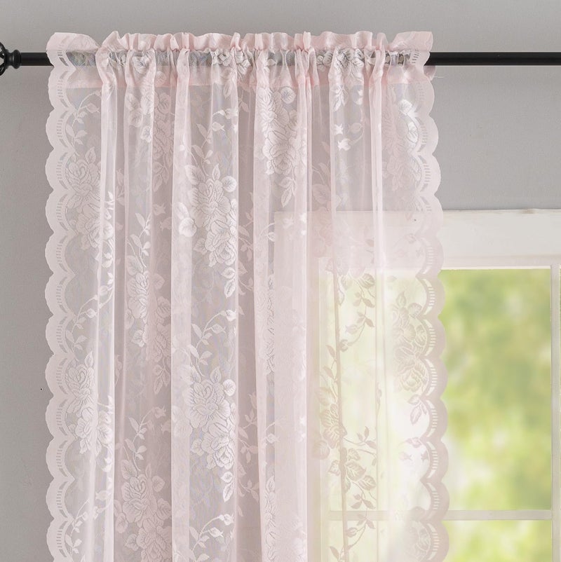 YJ YANJUN Pink Lace Curtains 84 inches Long 2 Panels Shabby Chic Peony Floral Voile Sheer Panels with Scalloped Edges for Girl Bedroom Cute Pricess Room Decor 52" W x 84" L Light Pink - Image 4