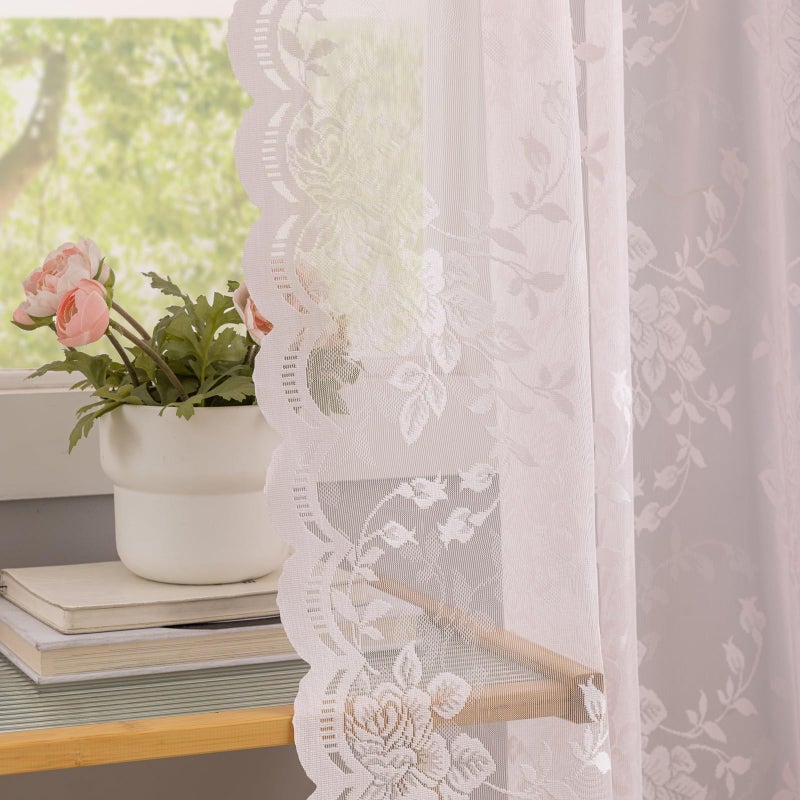 YJ YANJUN Pink Lace Curtains 84 inches Long 2 Panels Shabby Chic Peony Floral Voile Sheer Panels with Scalloped Edges for Girl Bedroom Cute Pricess Room Decor 52" W x 84" L Light Pink - Image 1