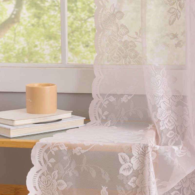 YJ YANJUN Pink Lace Curtains 84 inches Long 2 Panels Shabby Chic Peony Floral Voile Sheer Panels with Scalloped Edges for Girl Bedroom Cute Pricess Room Decor 52" W x 84" L Light Pink - Image 3