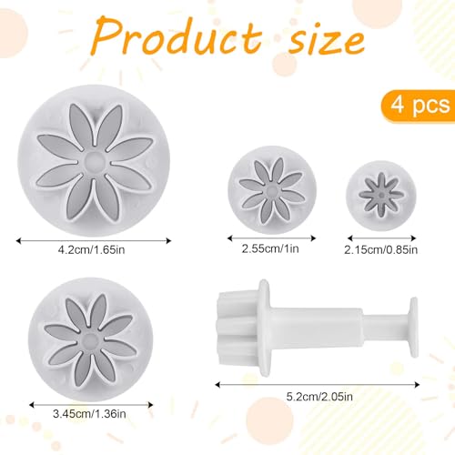 Hariendny Daisy Fondant Cutter, 4PCS Flower Plunger Cutters, 8Petals Daisy Cookie Cutter, Flower Cookie Cutter, Summer Cookie Cutters, Decorating Mold Tools for Biscuits, Sugar Cubes, Chocolate - Image 2