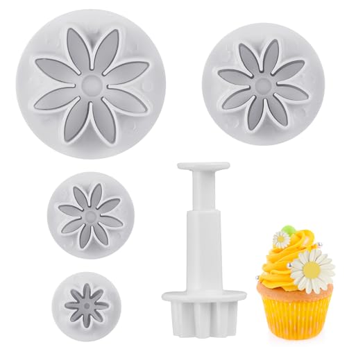 Hariendny Daisy Fondant Cutter, 4PCS Flower Plunger Cutters, 8Petals Daisy Cookie Cutter, Flower Cookie Cutter, Summer Cookie Cutters, Decorating Mold Tools for Biscuits, Sugar Cubes, Chocolate - Image 1