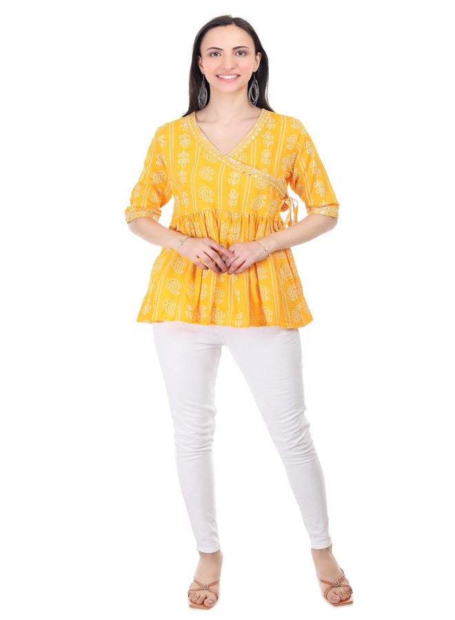 DONSON Jaipuri Cotton Rayon Women Tunic Top Elegant Short Kurti Hip Length AA28095 (Yellow) (XXL) - Image 1