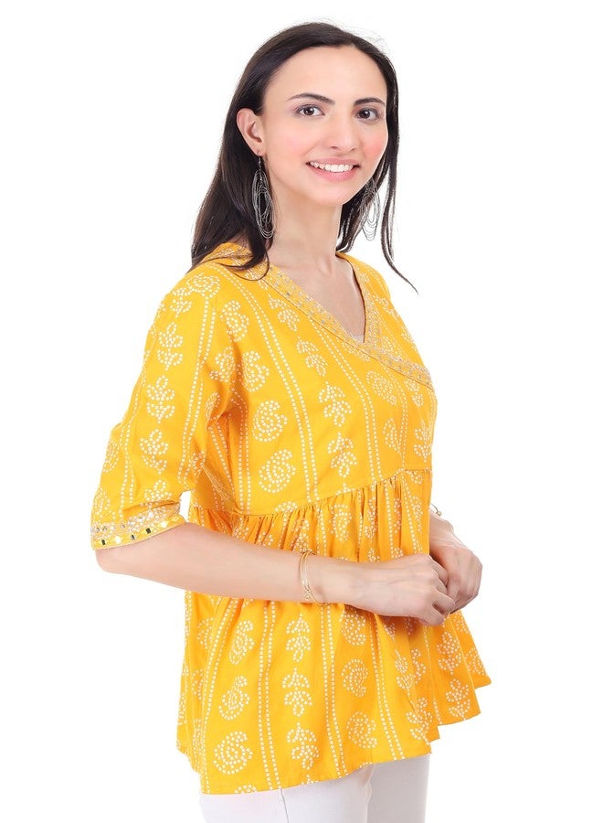 DONSON Jaipuri Cotton Rayon Women Tunic Top Elegant Short Kurti Hip Length AA28095 (Yellow) (XXL) - Image 4