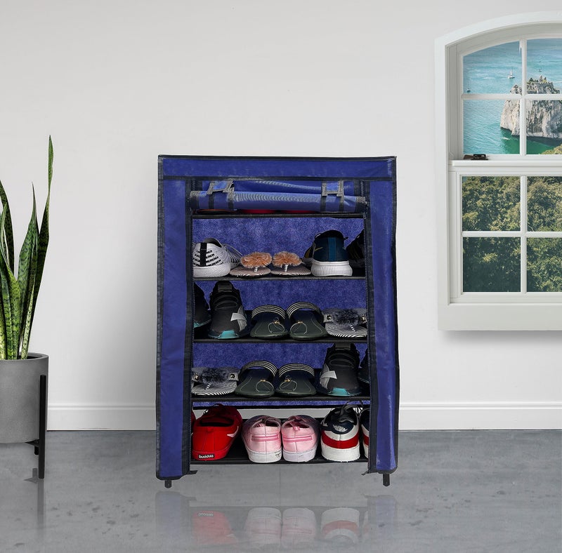 PHILOSHOP Multipurpose Collapsible Conduid Pipe Shoe Rack Wardrobe 5 Layer with Cover Waterproof Dust Resistance (Dark Blue, Metal) - Image 1