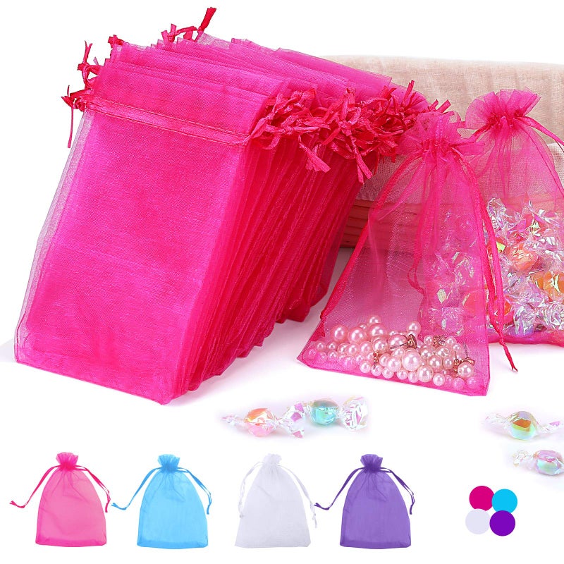 Angooni 100PCS 4x6 Inches Organza Gift Drawstring Bags Pouch for Jewelry Party Wedding Favor Party Festival Bags Hot Pink