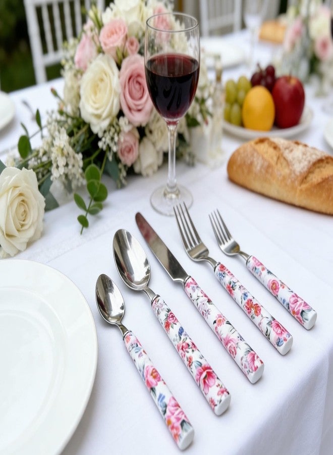 Pretihome Elegant Peony Flower 20-Piece Stainless Steel Flatware Set – Durable, Modern Cutlery set, Service for 4 People, Perfect for Home, Weddings, Parties, and Everyday Use (Plastic Handle, Dishwasher Safe) - Image 3