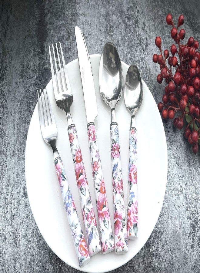 Pretihome Elegant Peony Flower 20-Piece Stainless Steel Flatware Set – Durable, Modern Cutlery set, Service for 4 People, Perfect for Home, Weddings, Parties, and Everyday Use (Plastic Handle, Dishwasher Safe) - Image 1