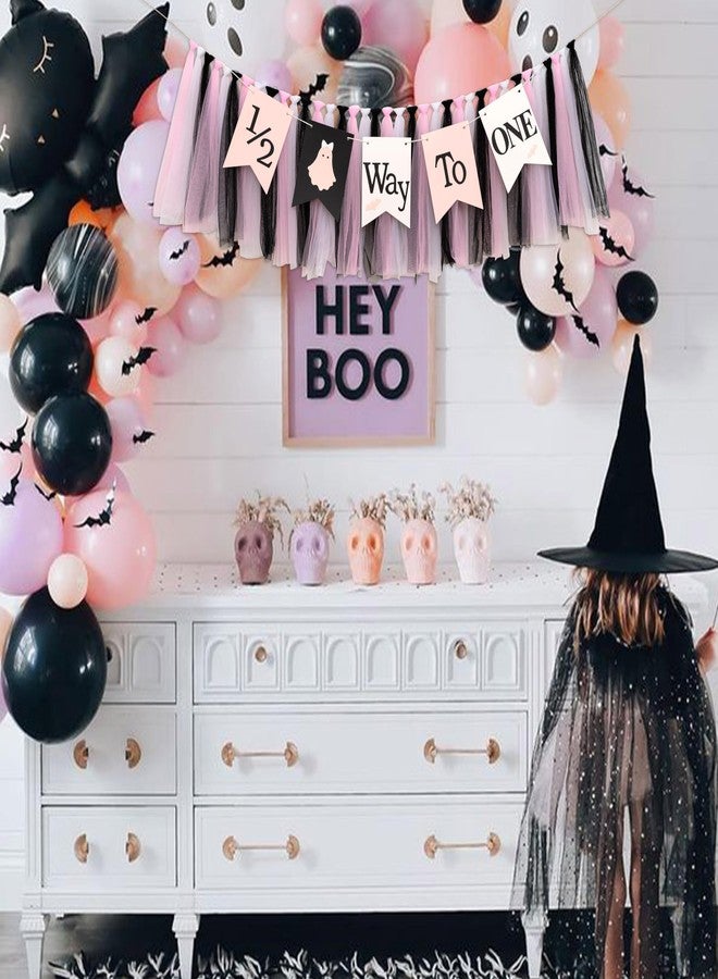 MUWEOL لافتة كرسي مرتفع MUWEOL نصف الطريق إلى واحد - لافتة شبح الهالوين، زينة عيد ميلاد طفل مخيف من Summerween، إكليل حفل من التول الأسود والوردي والأبيض (لافتة نصف مخيفة) - Image 5