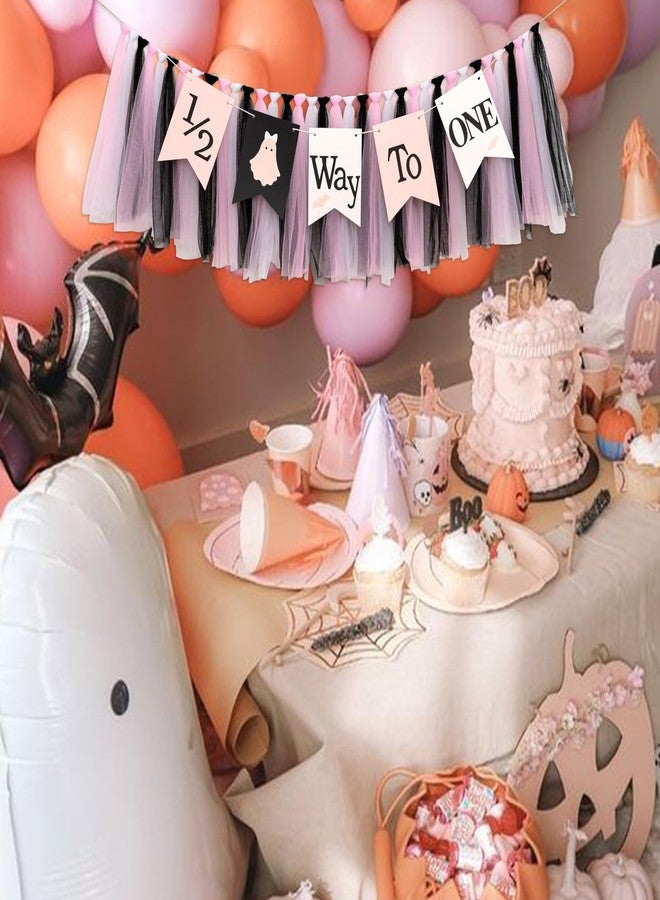 MUWEOL لافتة كرسي مرتفع MUWEOL نصف الطريق إلى واحد - لافتة شبح الهالوين، زينة عيد ميلاد طفل مخيف من Summerween، إكليل حفل من التول الأسود والوردي والأبيض (لافتة نصف مخيفة) - Image 4