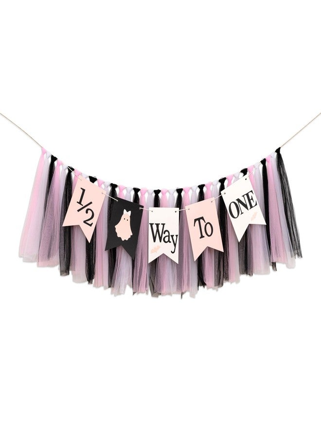 MUWEOL لافتة كرسي مرتفع MUWEOL نصف الطريق إلى واحد - لافتة شبح الهالوين، زينة عيد ميلاد طفل مخيف من Summerween، إكليل حفل من التول الأسود والوردي والأبيض (لافتة نصف مخيفة) - Image 1