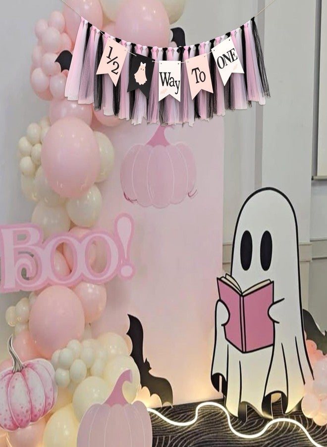 MUWEOL لافتة كرسي مرتفع MUWEOL نصف الطريق إلى واحد - لافتة شبح الهالوين، زينة عيد ميلاد طفل مخيف من Summerween، إكليل حفل من التول الأسود والوردي والأبيض (لافتة نصف مخيفة) - Image 3