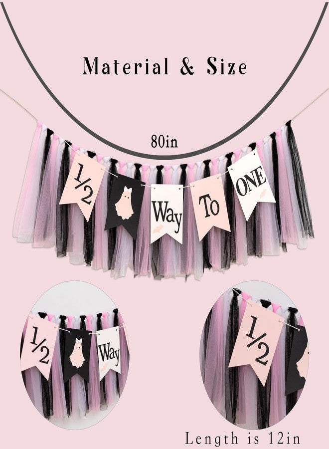 MUWEOL لافتة كرسي مرتفع MUWEOL نصف الطريق إلى واحد - لافتة شبح الهالوين، زينة عيد ميلاد طفل مخيف من Summerween، إكليل حفل من التول الأسود والوردي والأبيض (لافتة نصف مخيفة) - Image 2