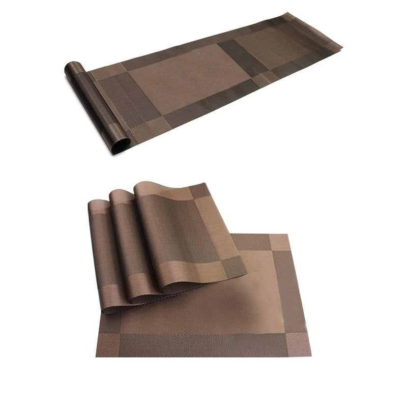 TASKHOUSE Placemats with Table Runner Set Woven Vinyl Heat Resistant Washable Tablemat for Dining Table (1 Table Runner and 4 Placemats - Brown) - Image 1