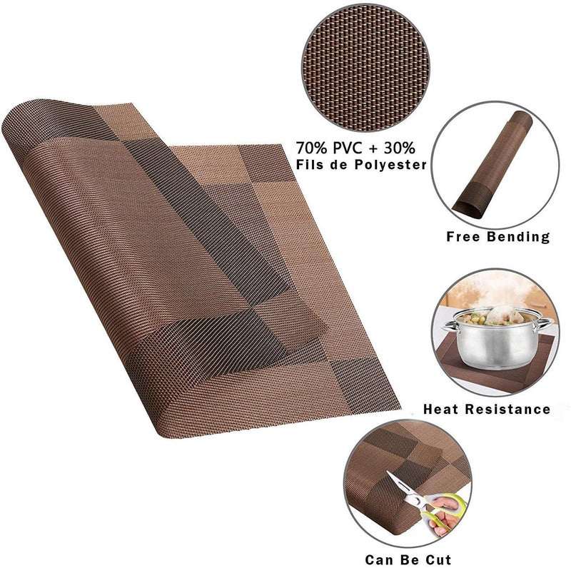 TASKHOUSE Placemats with Table Runner Set Woven Vinyl Heat Resistant Washable Tablemat for Dining Table (1 Table Runner and 4 Placemats - Brown) - Image 3