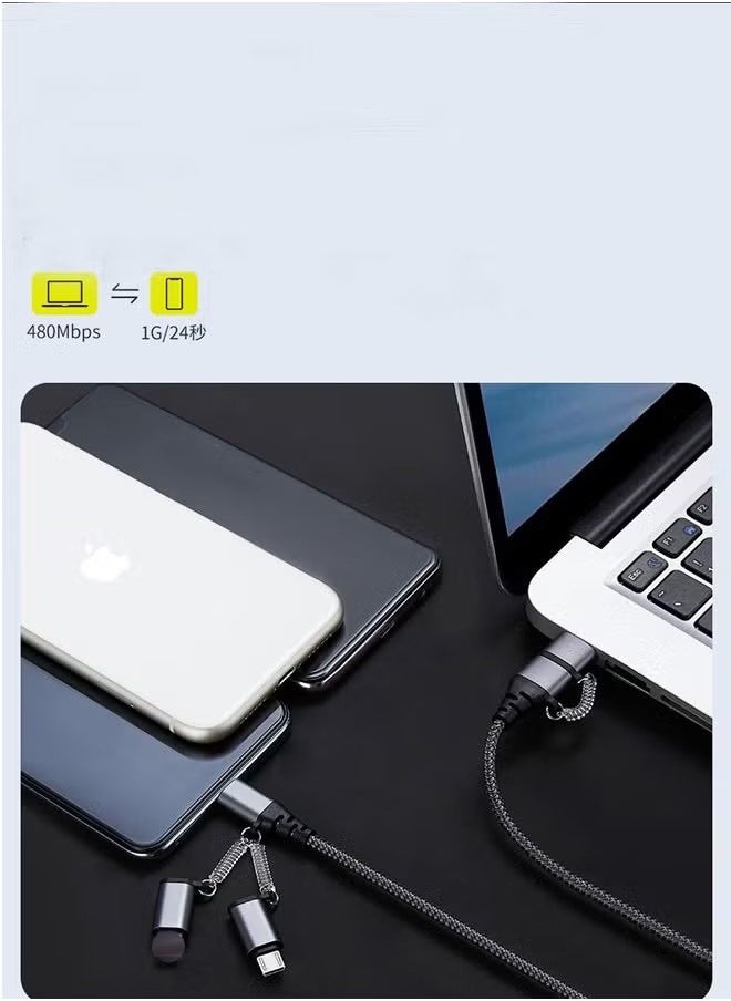 اتش واي - كابل بيانات خط الطاقة 3 في 2 من النوع C موصل Micro USB كابل نقل بيانات الشحن السريع بطول 1.5 متر - Image 1