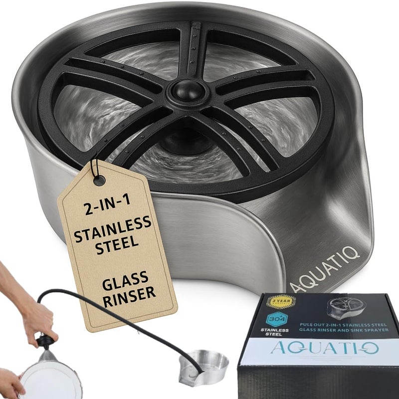 AquatiQ 2 in1 Glass Rinser for Kitchen Sink - Stainless Steel Cup Cleaner - Counter Top Bottle Washer - Kitchen Sink Accessories - Attachements - Sink Sprayer (Nickel) - Image 1