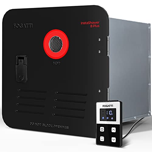 FOGATTI RV Tankless Water Heater, with 15 x 15 inches Black Door and Remote Controller, DC 12V, Best High Altitude Performance, Ideal for RVers' Everyday Use, InstaShower 8 Plus, Gen 2 - Image 1