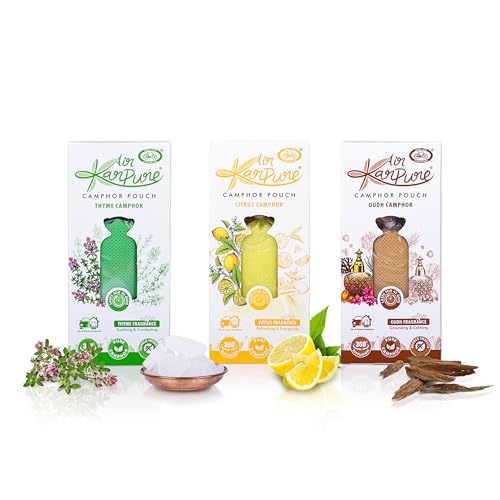 Cycle Pure Karpure Camphor Pouch - Pack of 3 | Oudh, Citrus & Thyme Fragrance | Air Freshener for Cars, Wardrobes, Bookshelves, Homes, Offices & Mosquito Repellent | Each Lasts up to 45 Days - Image 1
