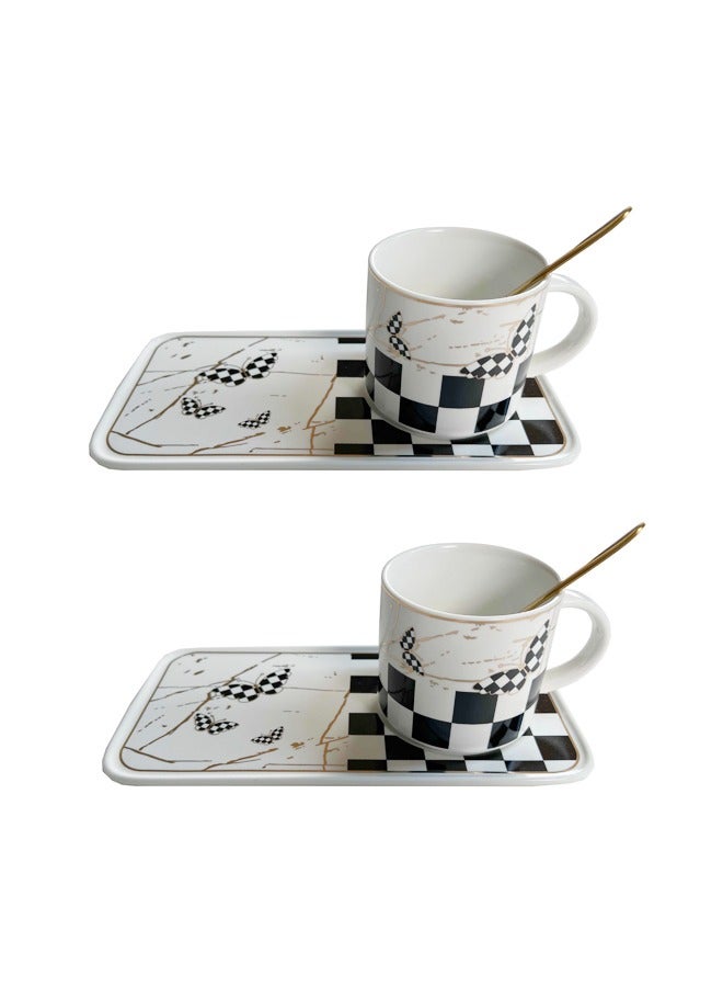 شيانغ يو كوب القهوة والصحن الأبيض رقعة الشطرنج الأسود الكلاسيكية مقبض السيراميك اللون جلاز