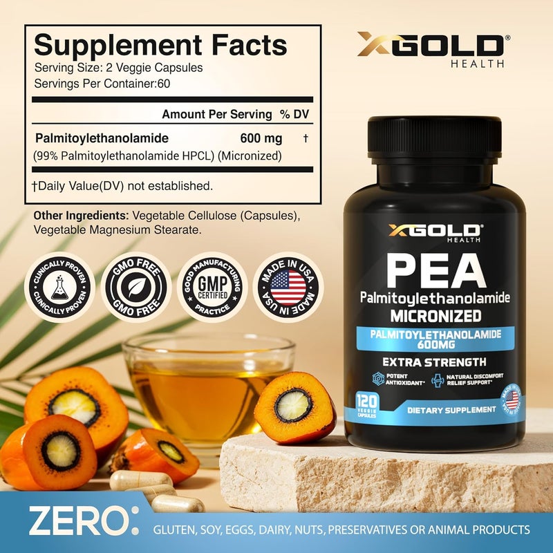 X Gold Health Palmitoylethanolamide Pea Supplement 600 mg  Micronized Pea 99 Highly Purified and Bioavailable  Made in USA  Supplement for Men and Women  120 Capsules - Image 2