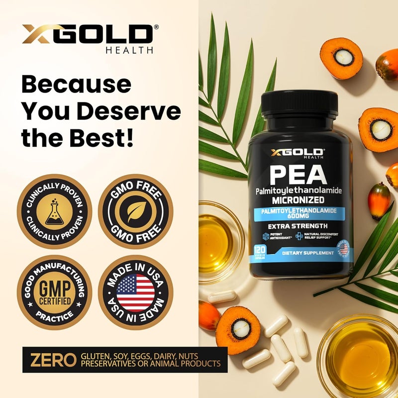 X Gold Health Palmitoylethanolamide Pea Supplement 600 mg  Micronized Pea 99 Highly Purified and Bioavailable  Made in USA  Supplement for Men and Women  120 Capsules - Image 5